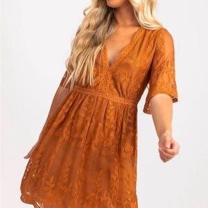 Orange Pleated Midi Sundress with Bell Sleeves